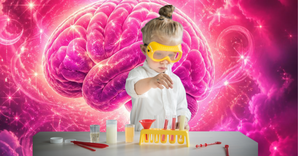 Kind mit Schutzbrille im Labor experimentierend